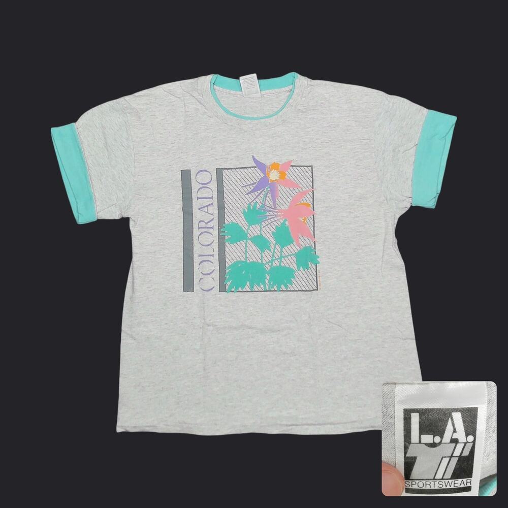 VTG 80s Colorado Flower Graphic Tee Pastel Colorblock Single Stitch Womens XL